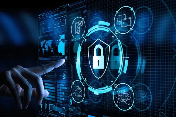 Các biểu tượng blockchain và tiền điện tử thể hiện giao dịch an toàn